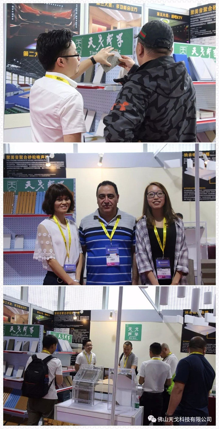 天戈向参展人员介绍砂岩吸音板