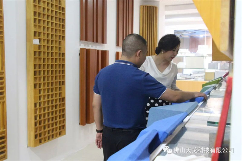 黄董向会长兰芳介绍我司吸音材料