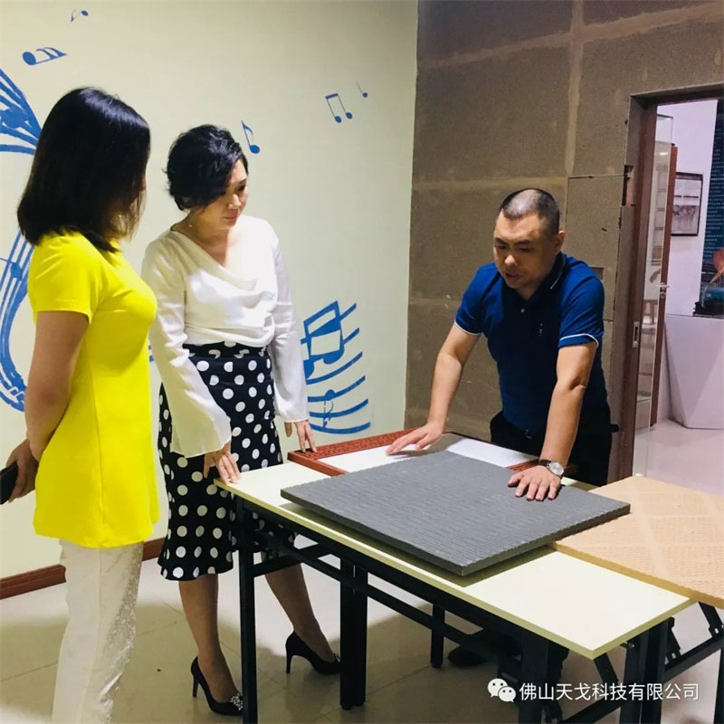 黄董向会长兰芳介绍我司新型吸音材料